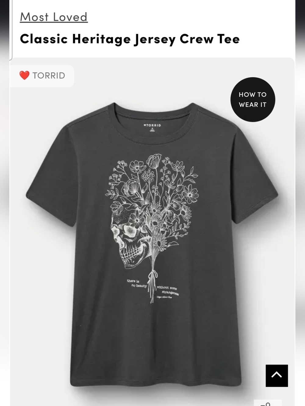 torrid Charcoal Crew Neck Tee with White Skull & Floral Graphic